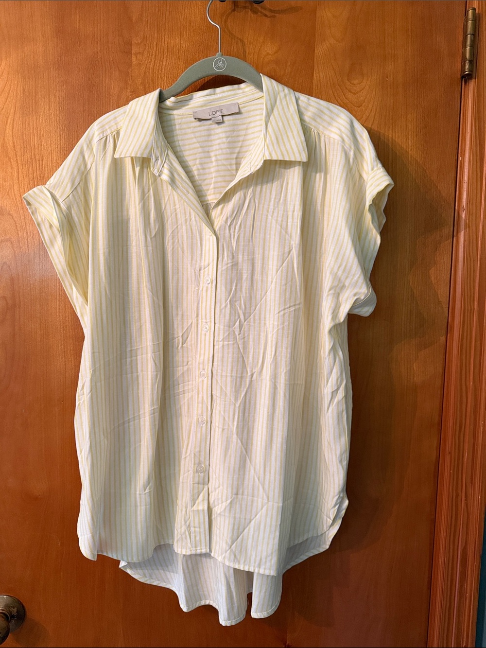 LOFT Pale Yellow Striped Short-Sleeve Button Down Shirt